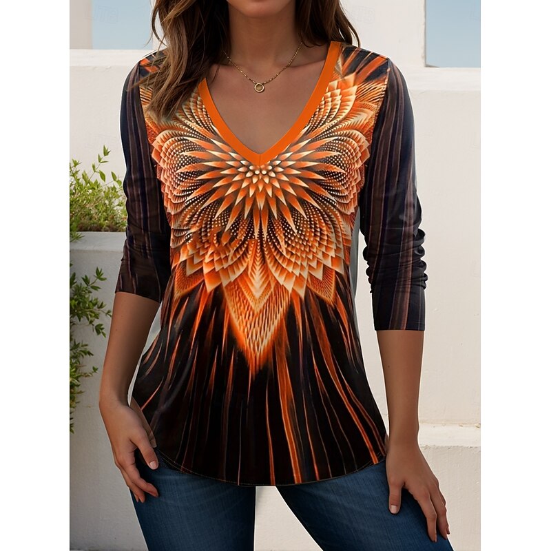 Women's T Shirt V Neck Long Sleeve Tunic Ombre Floral Graphic Elegant Vintage Regular Tops Daily Print Black Pink Orange Summer Spring4