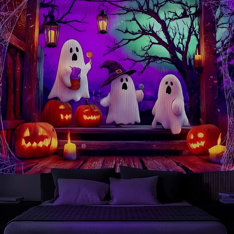 Halloween Blacklight Wall Tapestry – UV Reactive Three Cute Ghosts with Pumpkins in Haunted Graveyard, Neon Colors Spooky Night Scene, Glow in the Dark Wall Hanging for 2025 Halloween Decoration