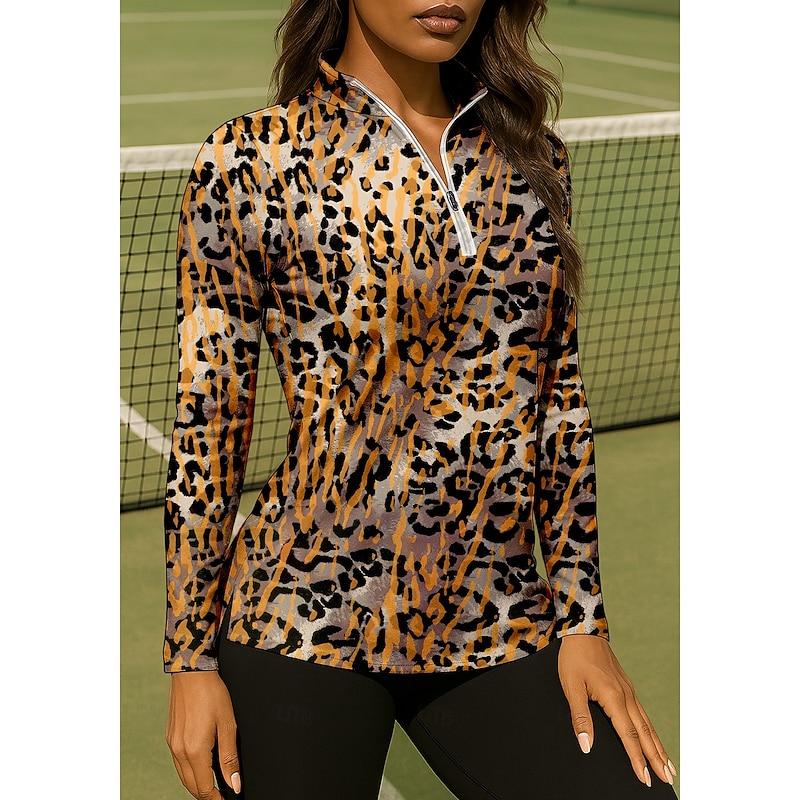 Women's Leopard Shirt Sport Shirt Golf Polo Shirt Tennis Shirt Long Sleeve Zipper Floral UPF50+ UV Resistant High Elasticity Moisture Wicking Breathable Volleyball Tennis Golf Stand Collar Zip Collar