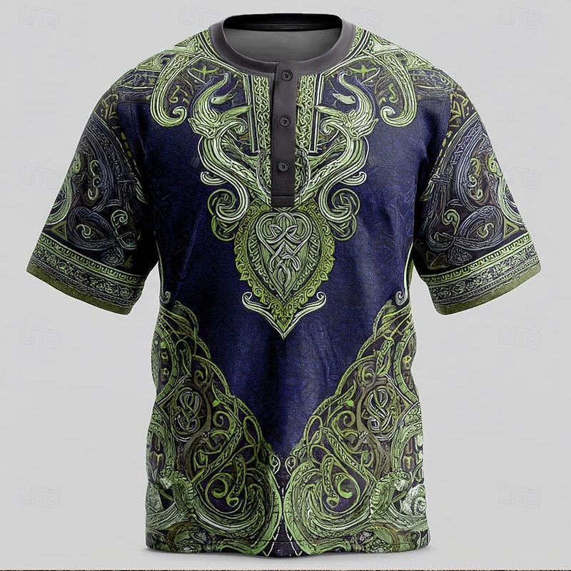 Men's Viking T Shirt Henley Shirt Short Sleeve Viking Designer Retro Vintage Street Casual Daily Summer Spring All Seasons Light Green Blue Dark Green khaki Henley Henley T-Shirt4