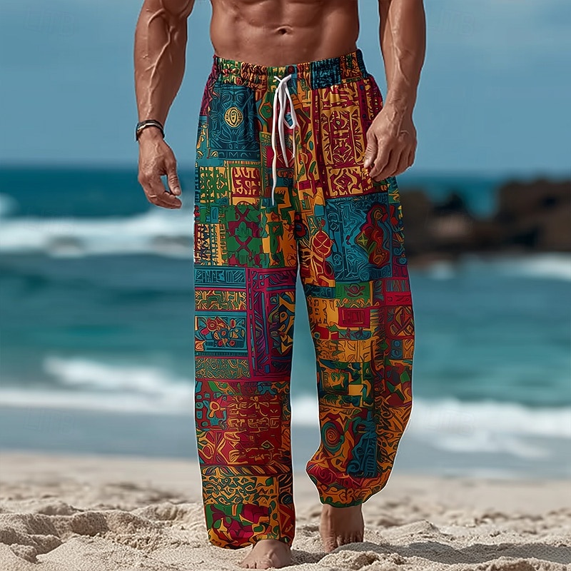 Men's Geometric Color Block Ethnic Trousers Baggy Pants Casual Pants Mid Waist Bohemian Vintage Retro Outdoor Vacation Elastic Drawstring Waist Linen-Like Pants with Pockets Summer Spring Fall 3D