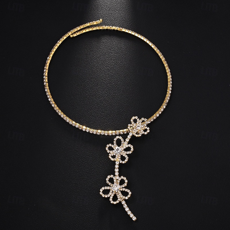 Choker Necklace Zircon Rhinestones Women's Elegant Vintage Floral Flower Shape Cute Wedding Y Shaped Necklace For Wedding Party Gift2