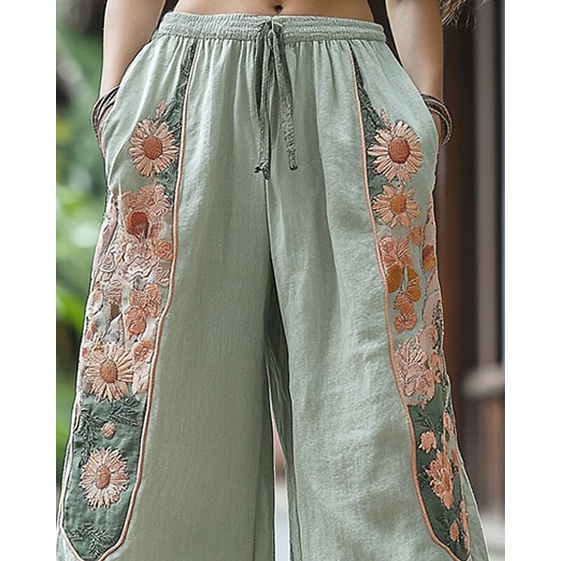 Women's Wide Leg Pants Trousers Palazzo Pants Fashion Boho Full Length High Waist Flower Elastic Waist Drawstring Print Breathability Comfortable Street Daily Wear Going out Light Green Spring Fall2