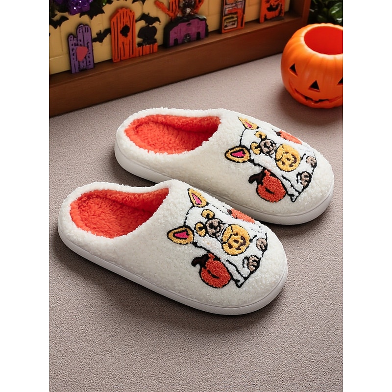 Unisex Halloween Dog Embroidered Fleece Slippers – Cozy Indoor House Shoes with Pumpkin Design for Women and Men4