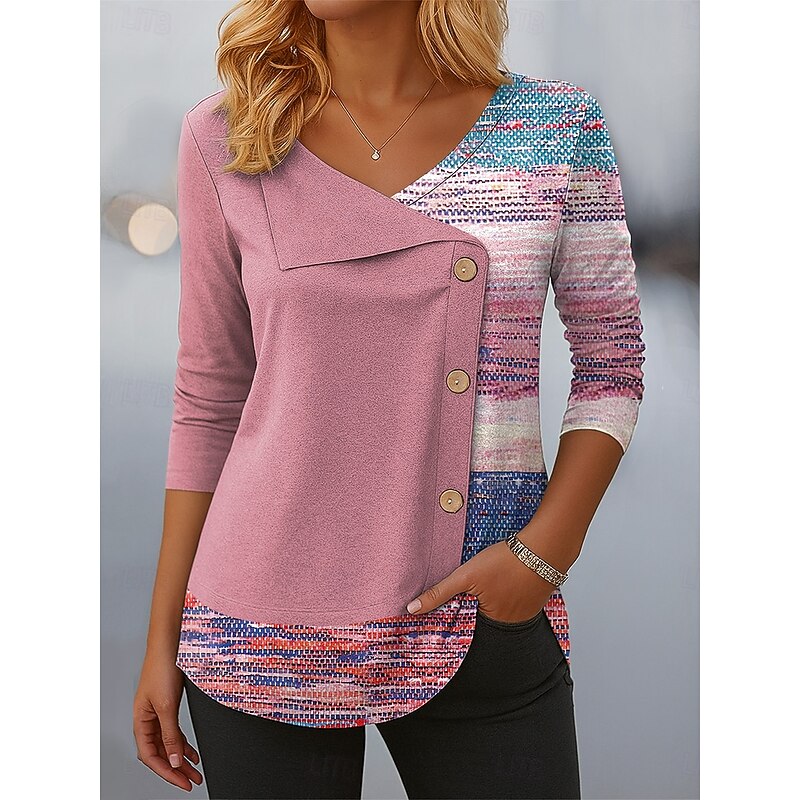 Women's Blouse Tunic V Neck Long Sleeve Buttons Graphic Geometric Stylish Modern Casual Regular Tops Daily Patchwork Print Black Pink Red Blue Spring Fall Winter2