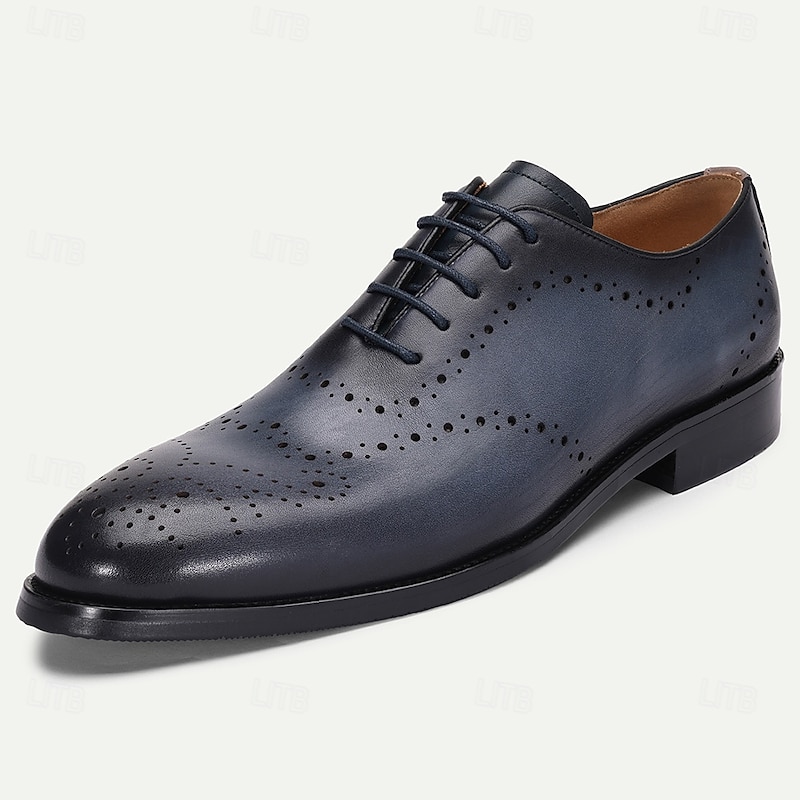 Men's Navy Blue Genuine Cowhide Oxford Dress Shoes Classic Brogue Detailing for Formal Business Events and Wedding Occasions2
