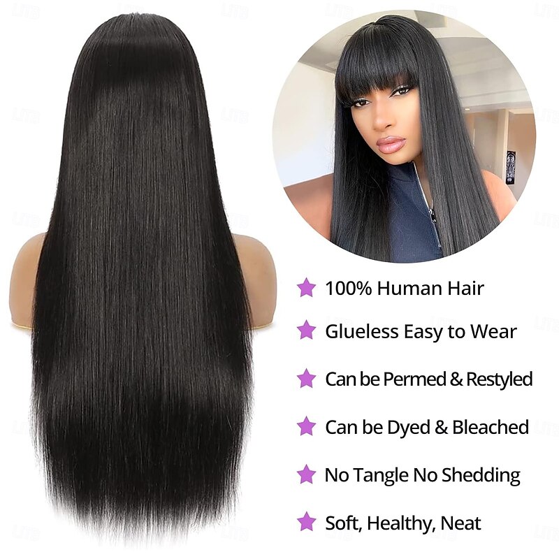 Straight Human Hair Wigs with Bangs Brazilian Virgin None Lace Front Wigs Glueless Machine Made Wigs for Black Women Natural Color3