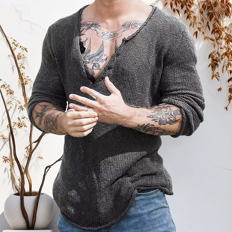 Men's Sweater Pullover Sweater Jumper Ribbed Knit Tunic Knitted Slim Fit Plain V Neck Knitwear Contemporary Casual Daily Wear Clothing Apparel Fall Black Khaki M L XL3