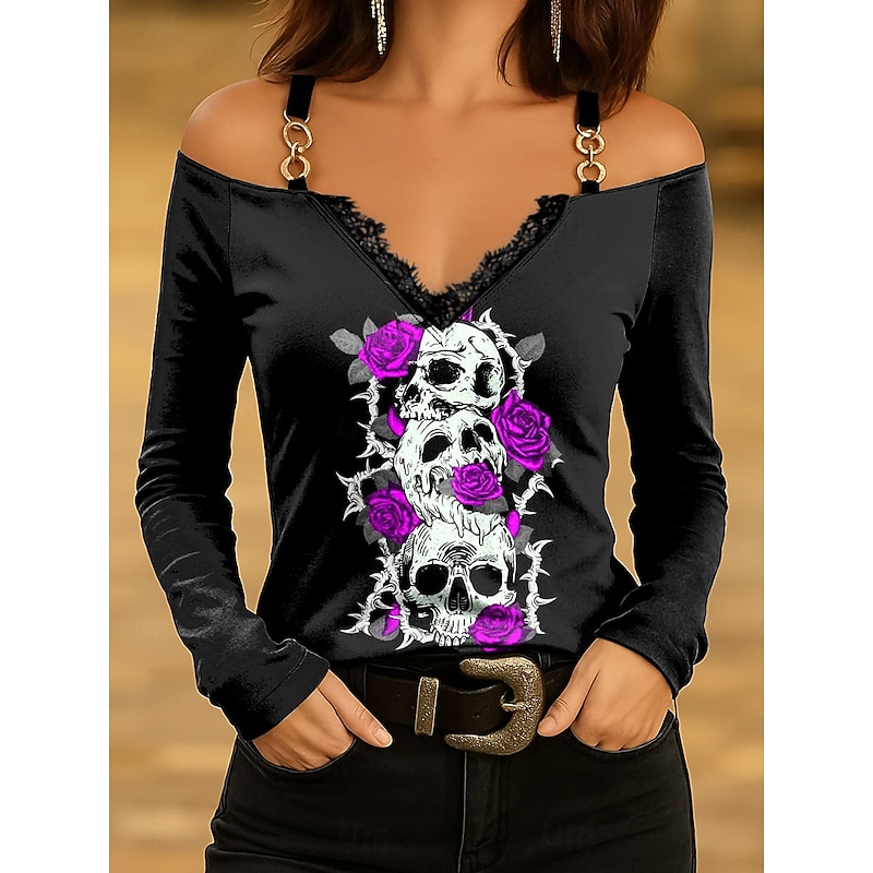 Halloween Women's T Shirt Skulls Floral Graphic Vintage Stylish Classic Long Sleeve V Neck Regular Tops Daily Lace Print Blue Purple Orange Green Spring Fall - Main Image