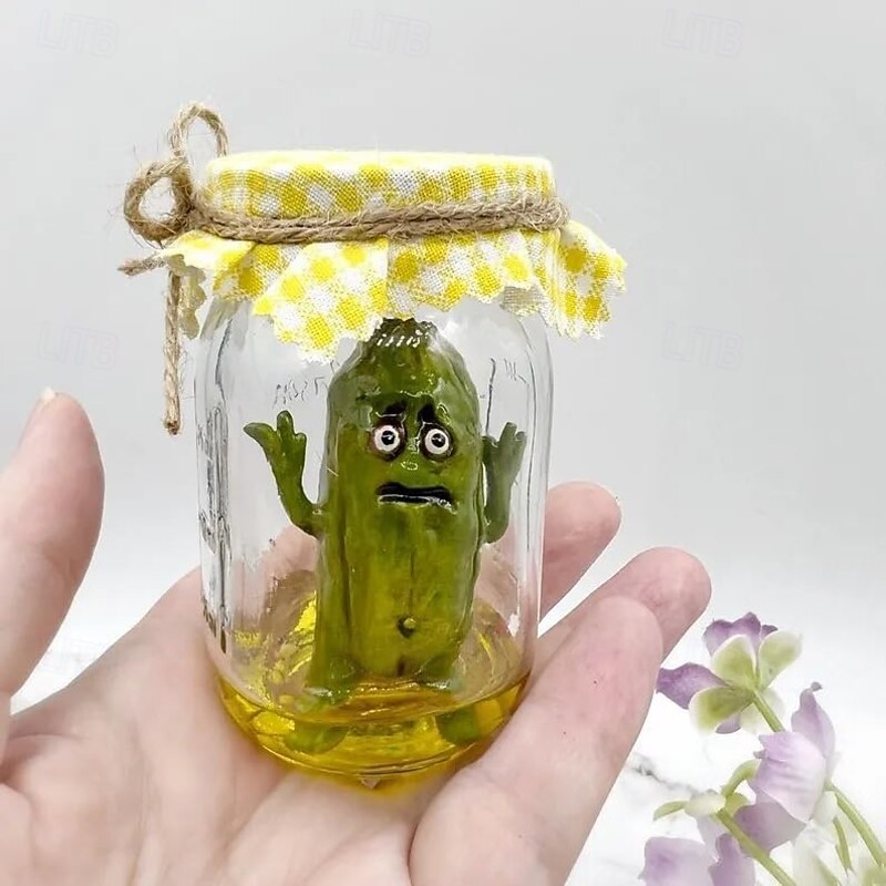 Grumpy Pickle in a Jar Sculpture,Funny Emotional Pickled Cucumber Decoration,Creative Indoor Tabletop Decor,A Pickle with Emotions Ornament,Vegetable Decorations with Ideas