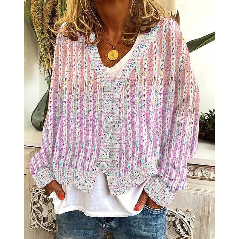 Women's Sweater Cardigan Fashion Streetwear Daily Striped Ribbed V Neck Knitted Print Long Sleeve Regular Tops Knit Holiday Going out Weekend Pink Fall Winter