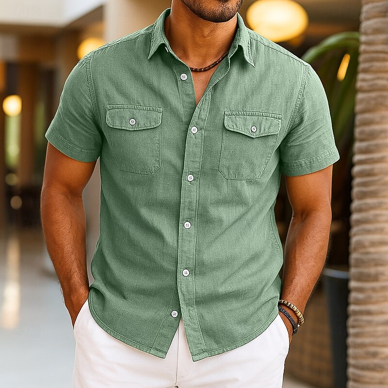 Men's Shirt Linen Shirt Summer Shirt Beach Shirt Solid Color Vacation Curise Green Light Grey Light Blue Short Sleeve Fold-over Collar Summer Spring & Summer Clothing Apparel Pocket2