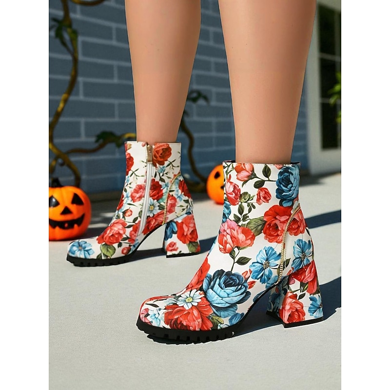 Women's Halloween Skull and Rose Print Ankle Boots – Chunky Block Heel Gothic Style Side Zipper Booties for Cosplay, Parties, and Autumn Festivals