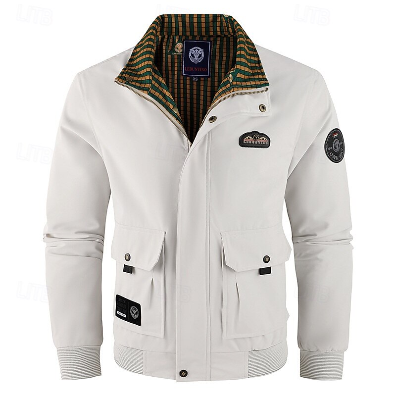 Men's Outdoor Jacket Casual Jacket Vacation Daily Windproof Warm Pocket Fall Winter Print Fashion Classic Stand Collar Regular Black White Orange Jacket