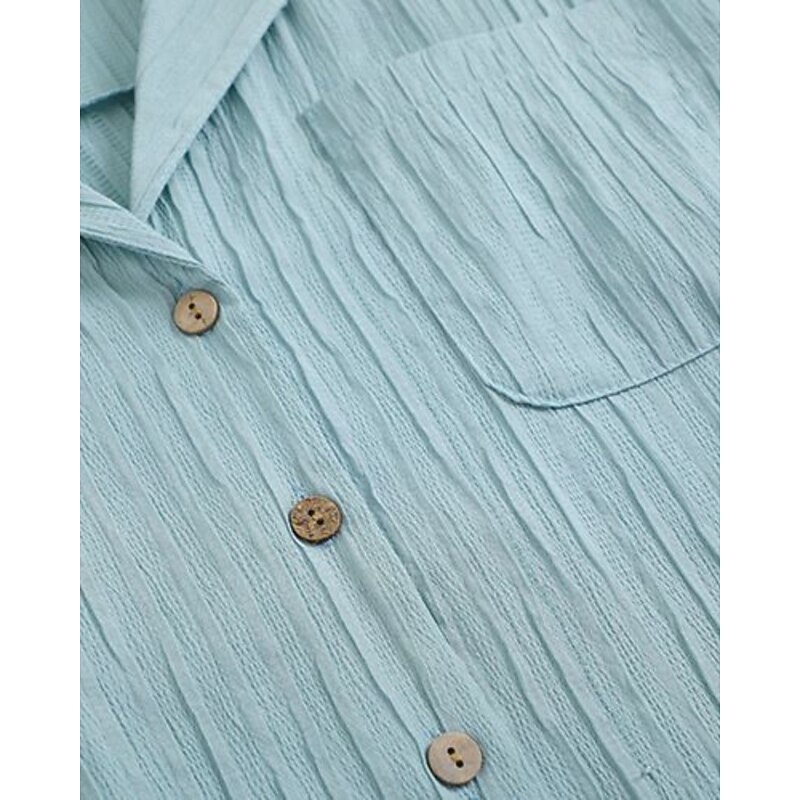 Women's Shirt Texture Blouse Blouse Plain Casual Short Sleeve Shirt Collar Regular Tops Daily Going out Pocket Buttons Blue Summer4