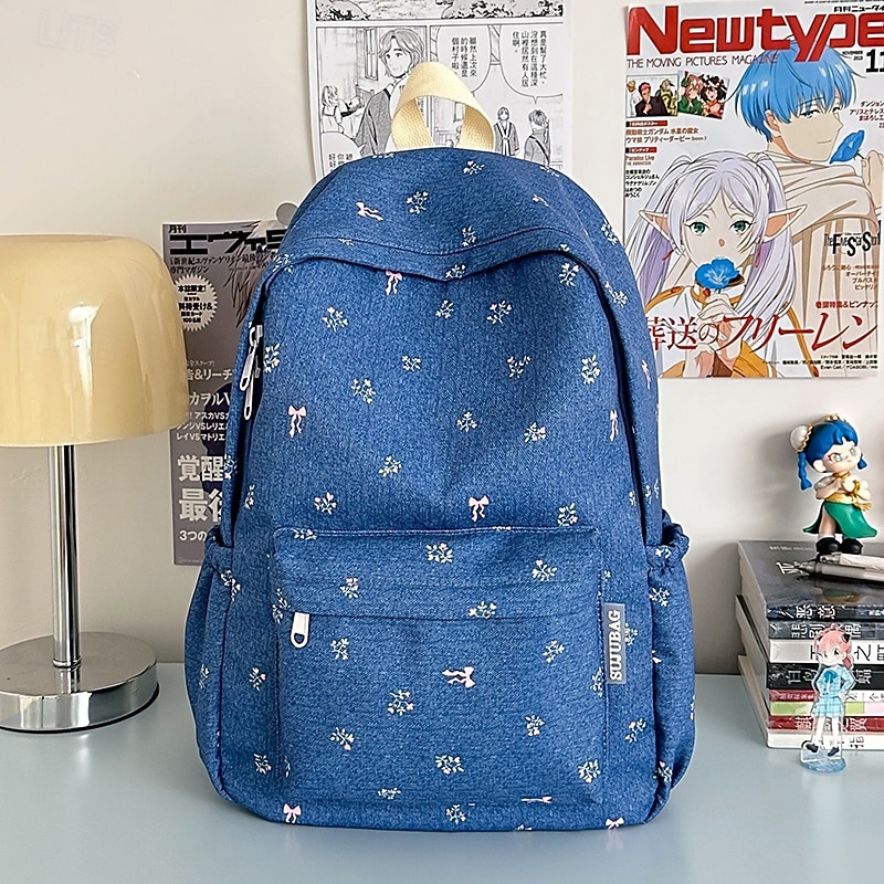 Floral Print Denim-Style Backpack for Girls – Cute Lightweight School Bag with Small Bow and Flower Pattern for Teen Students3