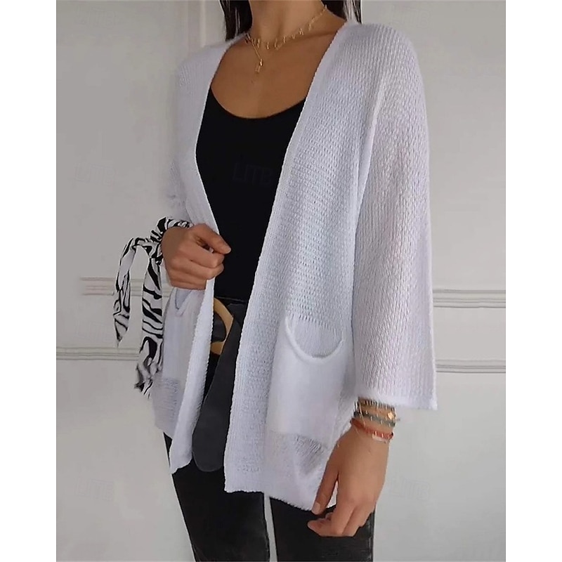 Women's Sweater Cardigan Fashion Streetwear Daily Solid Color Ribbed Open Front Knitted 3/4 Length Sleeve Regular Tops Knit Holiday Going out Weekend Black White Spring Fall