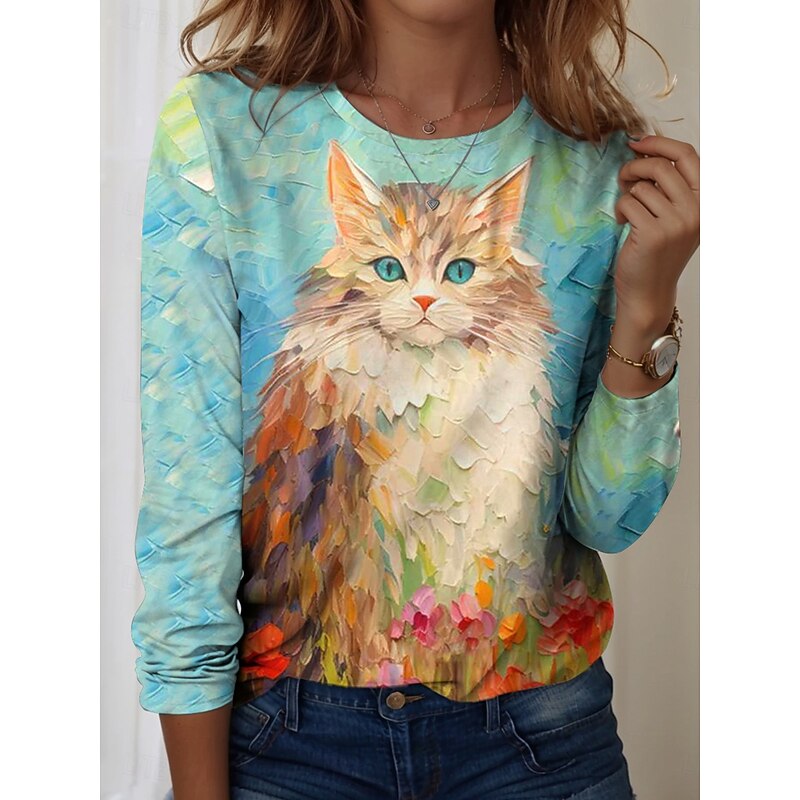 Women's T shirt Crew Neck Long Sleeve Tunic Graphic Animal Vintage Stylish Modern  Regular Tops Daily Print Yellow Blue Sky Blue Fall