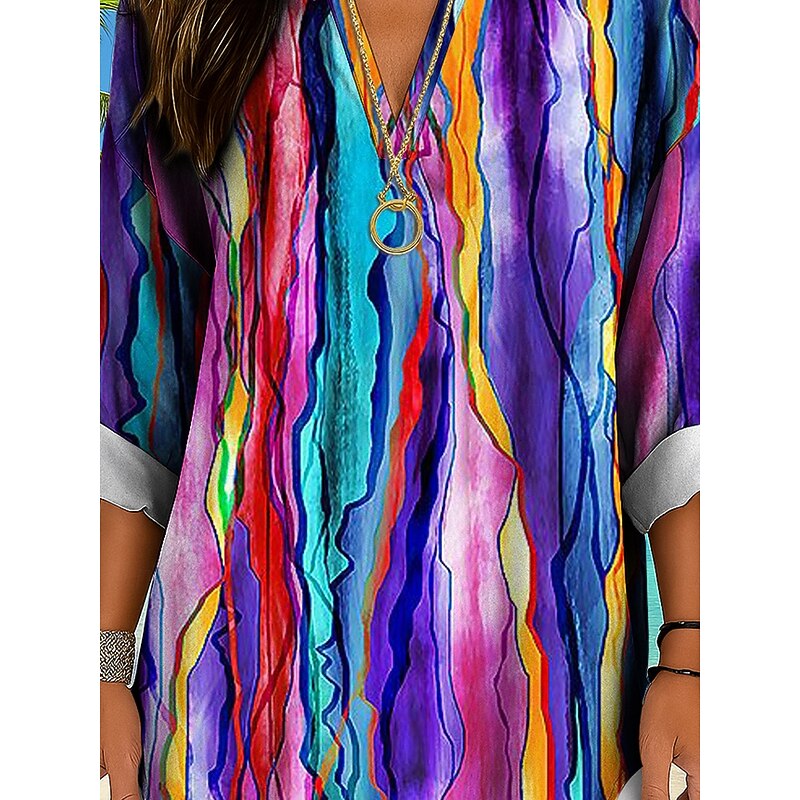 Women's Shirt Cotton Linen Shirt Long Sleeve Tunic Blouse Ombre Graphic Geometric Daily Hawaiian Business Long Sleeve V Neck Regular Tops Work Daily Holiday Buttons Print Black And White3