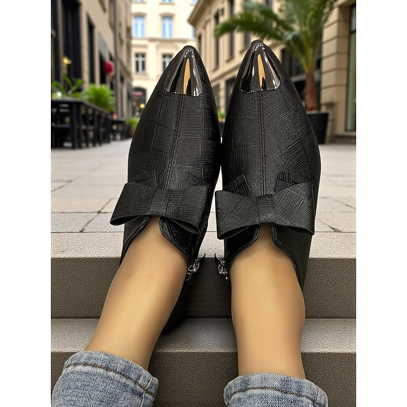 Women's Black Textured Block Heel Ankle Boots – Elegant Bow Decor Pointed Toe Short Boots, Business Casual and Office Wear for Autumn and Winter2