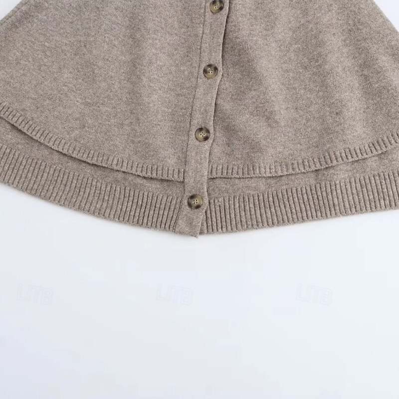 Women's Cape Fashion Casual Soft Pure Color Ribbed Crew Neck Buttons Knitted Long Sleeve Regular Tops Knit Outdoor Daily Weekend Black White Fall Winter4