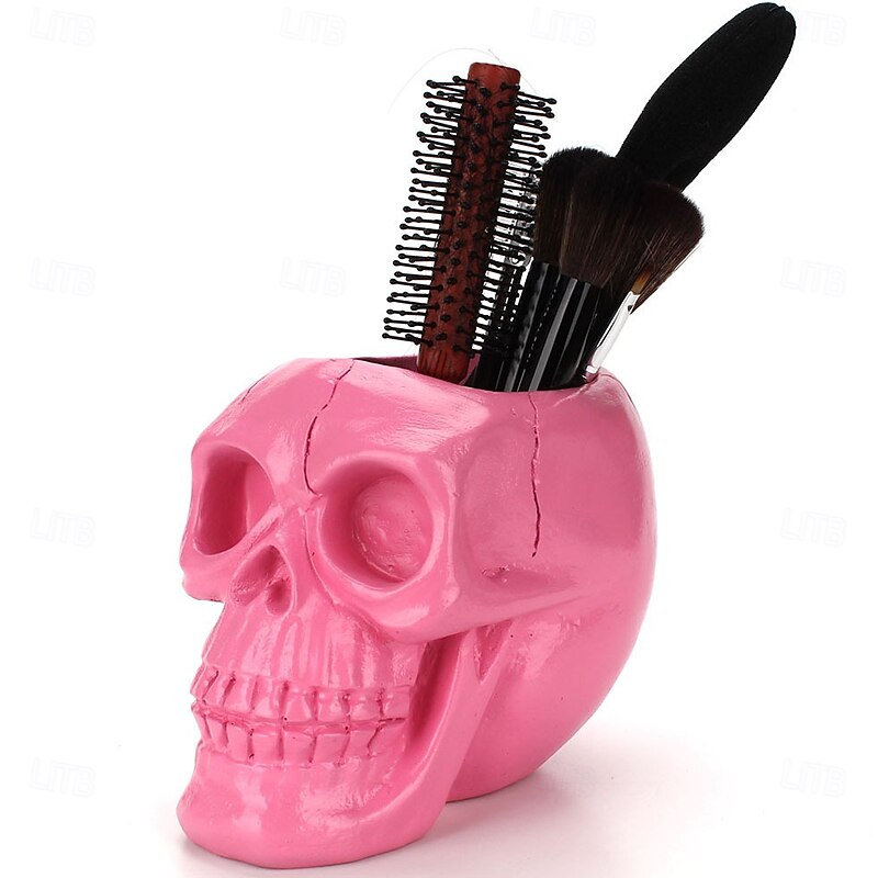 Halloween Resin Figurine Skull Storage Organizer Makeup Brush Holder Resin Sculpture Unique Cultural Desk Pen Holder Home Office Stationery Container2