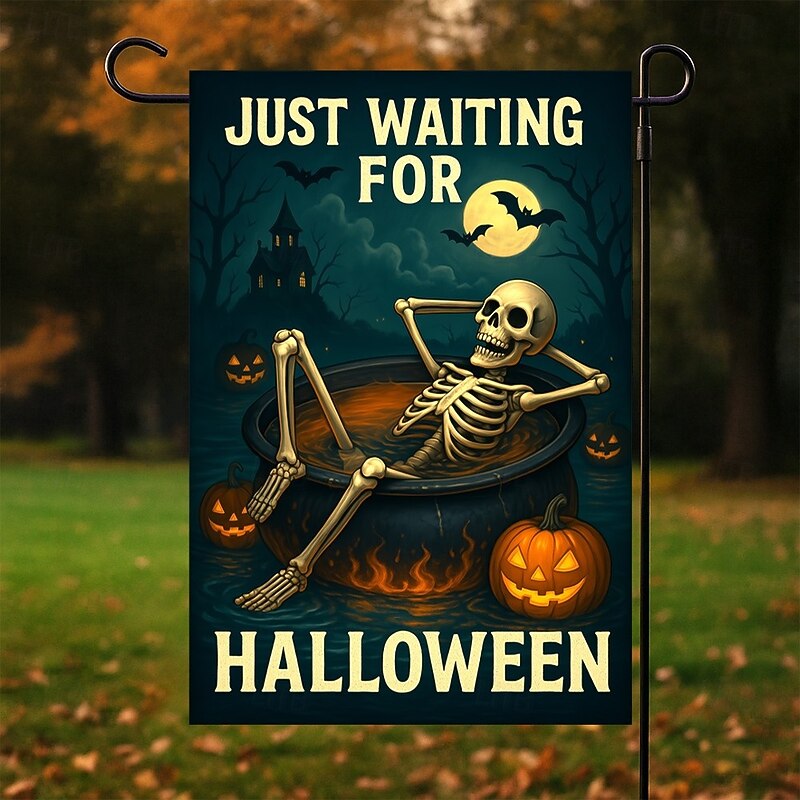 Halloween Garden Flag Banner – "Just Waiting for Halloween" Skeletal Chair Scene, Double-Sided Weather-Resistant Yard Flag for 2025 Halloween Holiday Outdoor Lawn, Porch Decoration3