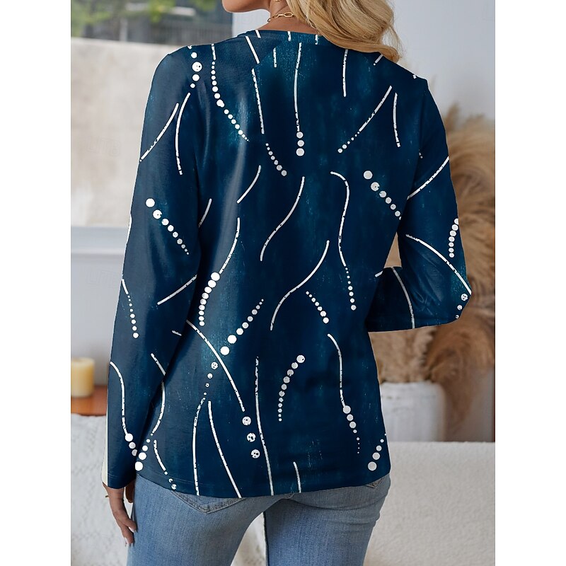 Women's T Shirt Graphic Geometric Vintage Casual Long Sleeve Crew Neck Regular Tops Daily Buttons Print Blue Purple Brown Green Spring Fall Winter2