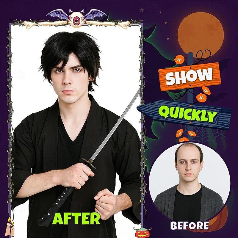 Anime Short Cosplay Wigs Halloween Party Spiky Layered Cosplay Wigs Synthetic Short Hair for Men & Women Black Style4