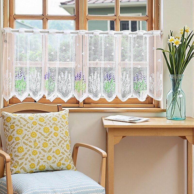 1pc Romantic Lavender Lace Cafe Curtain - Purple and White Floral Design, Semi-Transparent Polyester, Rod Pocket Hanging for Kitchen and Home Decor4