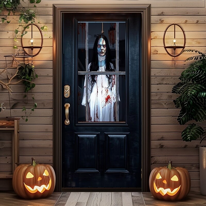 Halloween Door Cover – Creepy Ghost Girl Behind Glass Door, Haunted House Entrance Banner, Horror Outdoor 2025 Halloween Decoration for Bedroom, Living Room, Bathroom2
