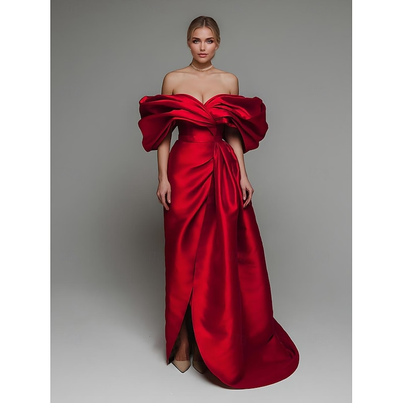 Red A-Line Evening Gown Elegant Dress Formal Wedding Court Train Sleeveless Off Shoulder Satin Slit with Ruched and Pleats