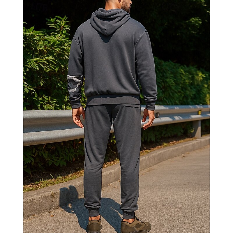 Men's Tracksuit Sweatpants Hooded Jacket Drawstring Hooded Camouflage Clothing Suit Fall & Winter Army Green Khaki Gym Training Running Windproof Long Sleeve Sport Activewear Micro-elastic Loose Fit2