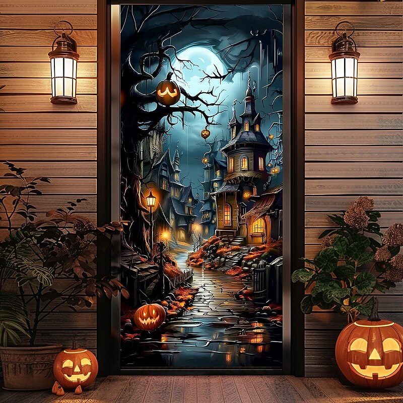 Halloween Door Cover – Haunted Castle by Moonlit Lake, Spooky Entrance Banner, Outdoor 2025 Halloween Decoration for Bedroom, Living Room, Bathroom