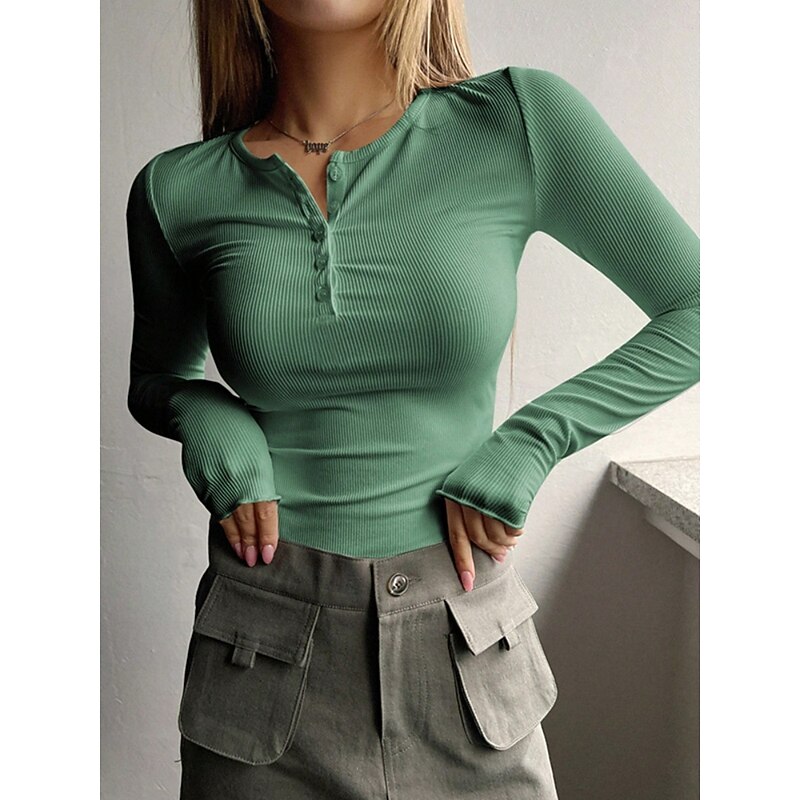 Women's Blouse Solid Color Stylish Basic Casual Long Sleeve Crew Neck Regular Tops Daily Buttons Black White Pink Green Gray Summer Spring Fall4
