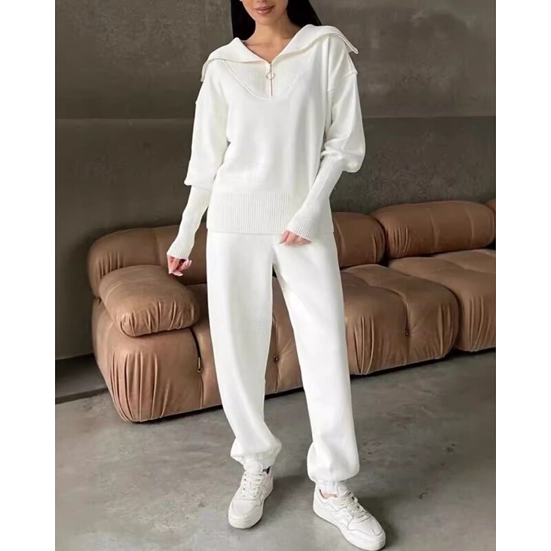 Women's Active Fashion Blouse Pants Sets Long Sleeve Shirt Collar Solid Color Zipper Drawstring Outdoor Vacation Black White Brown Fall Regular Fit4