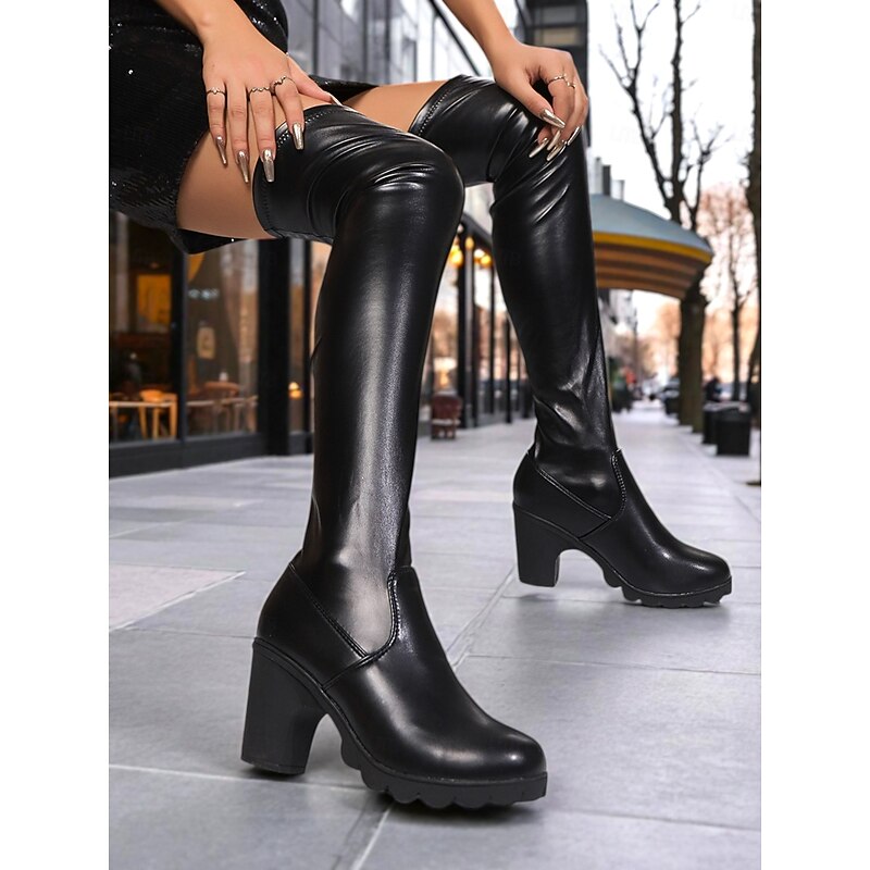 Women's Black Over the Knee Faux Leather Chunky Heel Boots - Stylish Tall Stretch Boots for Fall Winter Streetwear, Parties, and Night Out4