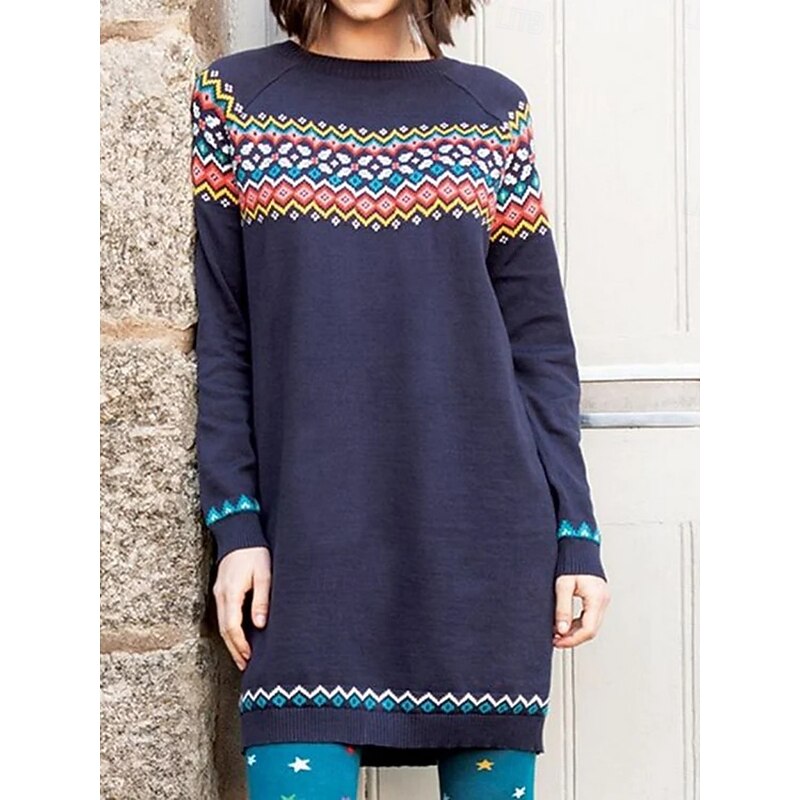 Women's Sweater Casual Soft Geometric Ribbed Crew Neck Knitted Print Long Sleeve Long Tops Knit Outdoor Daily Weekend Black Navy Blue Fall Winter2