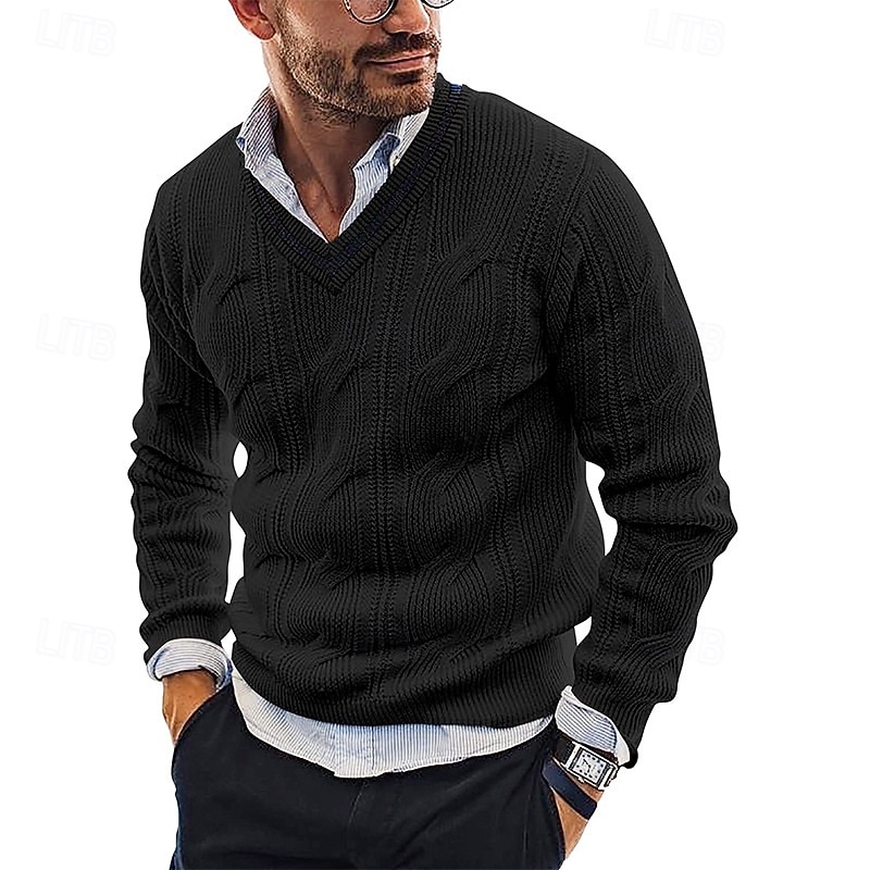 Men's Pullover Sweater Jumper Cable Knit Regular Tops V Neck Knitted Plain V Neck Knitwear Modern Contemporary Casual Daily Wear Clothing Apparel Fall Winter Black White M L XL4