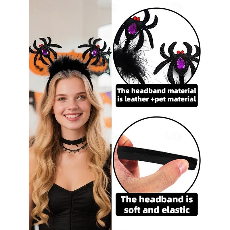Women's Halloween Spider Headband – Cute Glitter Black Spider Design with Purple Gem, Soft Elastic Hair Accessory for Costume Party, Cosplay and Festive Celebrations4