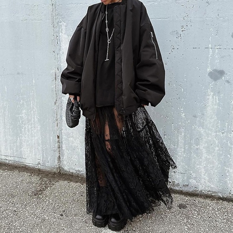 Women's Skirt A Line Swing Elegant Vintage Sexy Long Maxi Mid Waist Skirts Lace Ruffle Patchwork Inelastic School Performance Black Spring, Fall, Winter, Summer Nylon4