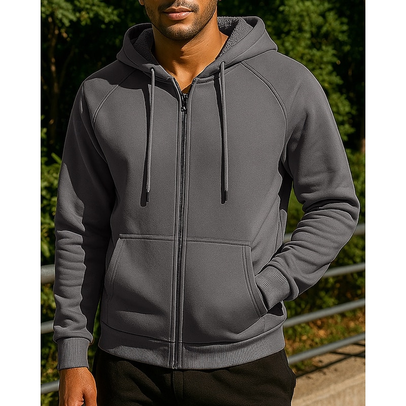 Men's Running Jacket Outdoor Jacket Hooded Jacket Drawstring Pocket Long Sleeve Top Athleisure Solid Colored Thermal Warm Breathable Gym Workout Running Sportswear Activewear Black Green Khaki4