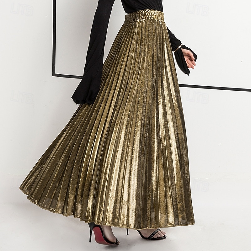 Women's Skirt Fashion Casual Maxi High Waist Skirts Plain Pleated Micro-elastic Casual Daily Weekend Silver Black Golden Red Summer Polyester