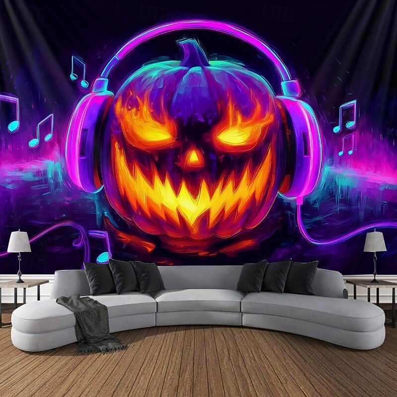 Halloween Blacklight Wall Tapestry – UV Reactive Evil Grinning Pumpkin Face with Headphones, Neon Colors Spooky Music Party Theme, Glow in the Dark Wall Hanging for 2025 Halloween Party Decoration2