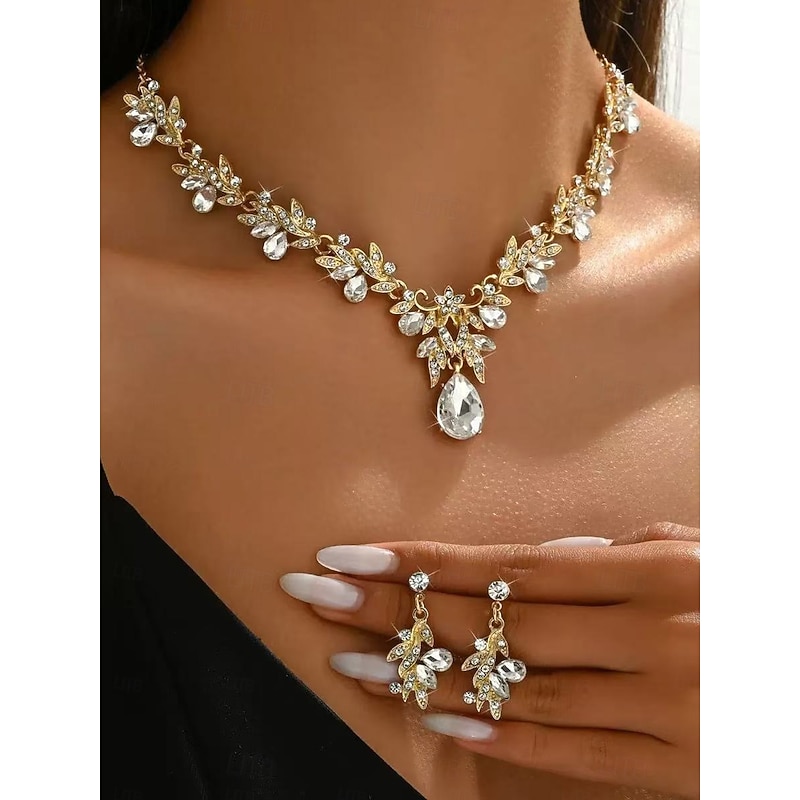 Women's Gold Rhinestone Jewelry Set with Teardrop Pendant - Elegant Leaf Design Necklace and Dangle Earrings for Brides, Wedding Guests, and Formal Evening Events