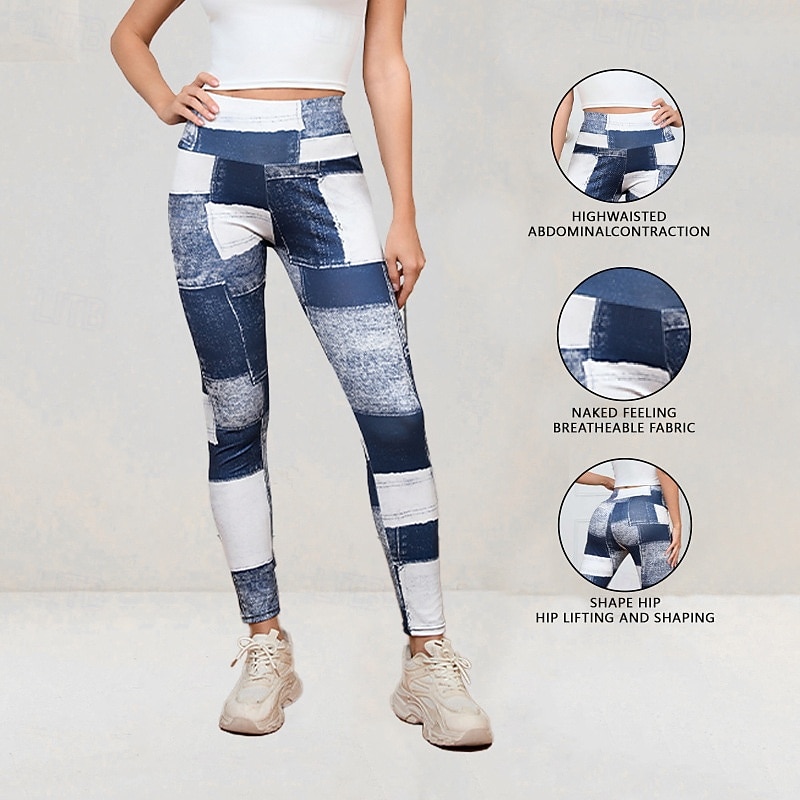Women's Denim Print Fake Jeans Yoga Leggings Tummy Control High Waist Gym Dance Athletic Bottoms Color Block Black Blue Fall Sports Activewear Tight Fit2