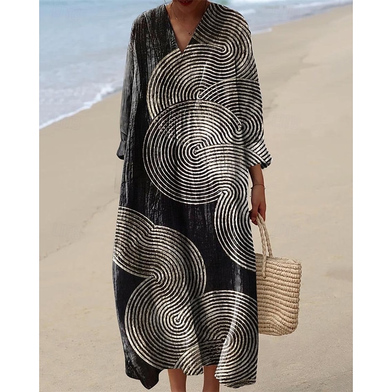 Women's Midi Dress Casual Dress Print Dress Fashion Modern Daily Beach Weekend Regular Fit Striped Long Sleeve V Neck Black Yellow Pink Green Spring Fall