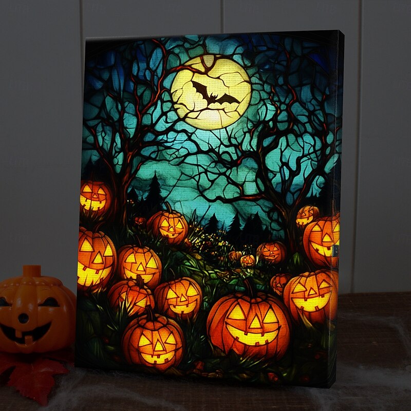 Halloween Pumpkin Clock Night Scene LED Canvas Wall Art - Battery Operated Lighted Wall Decor for 2025 Halloween home decoration light livingroom and bedroom