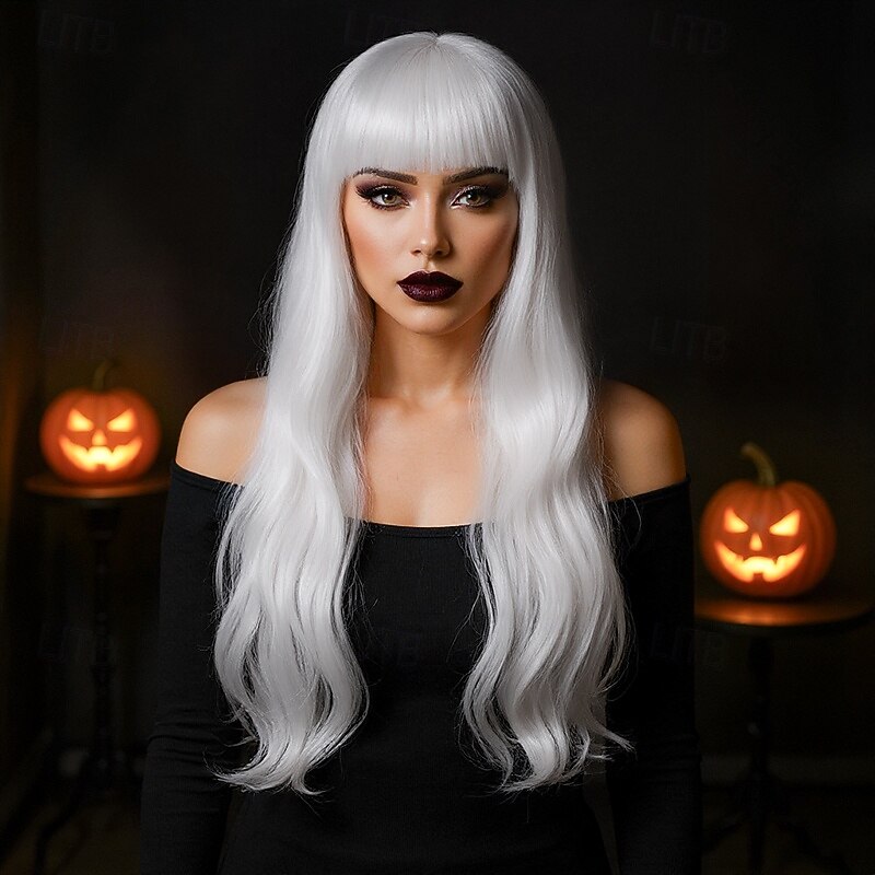 Silver-White Long Curly Wig for Women – High-Temperature Fiber, Full Bangs, Full Head Cap, Ideal for Cosplay, Halloween, and Fashion Looks2