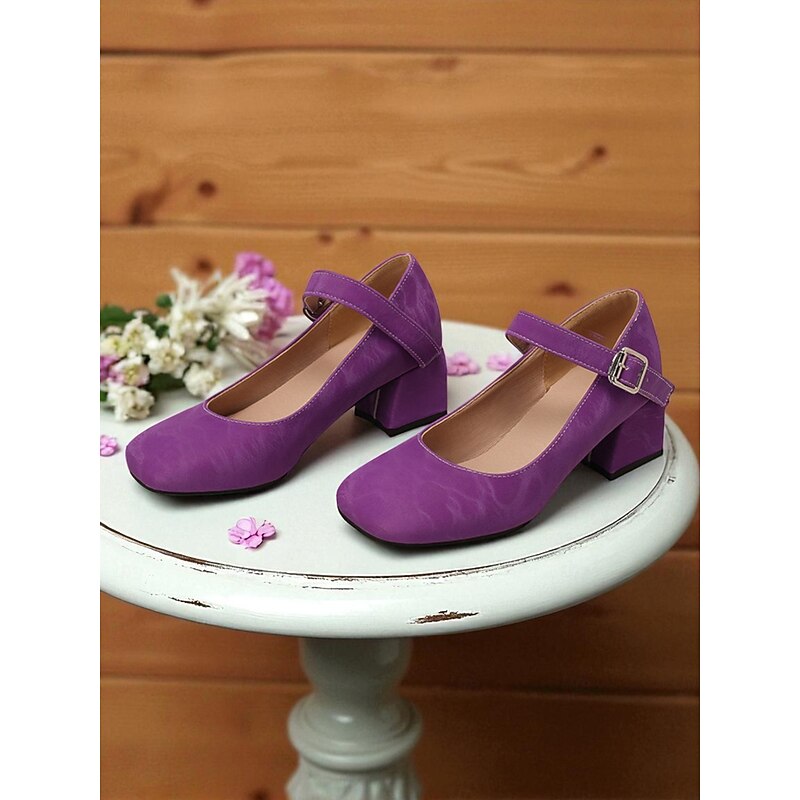 Women's Purple Mary Jane Block Heel Shoes – Round Toe Faux Leather Dress Pumps with Adjustable Strap for Ladies, Ideal for Daily Outings, School Events, or  Office Wear
